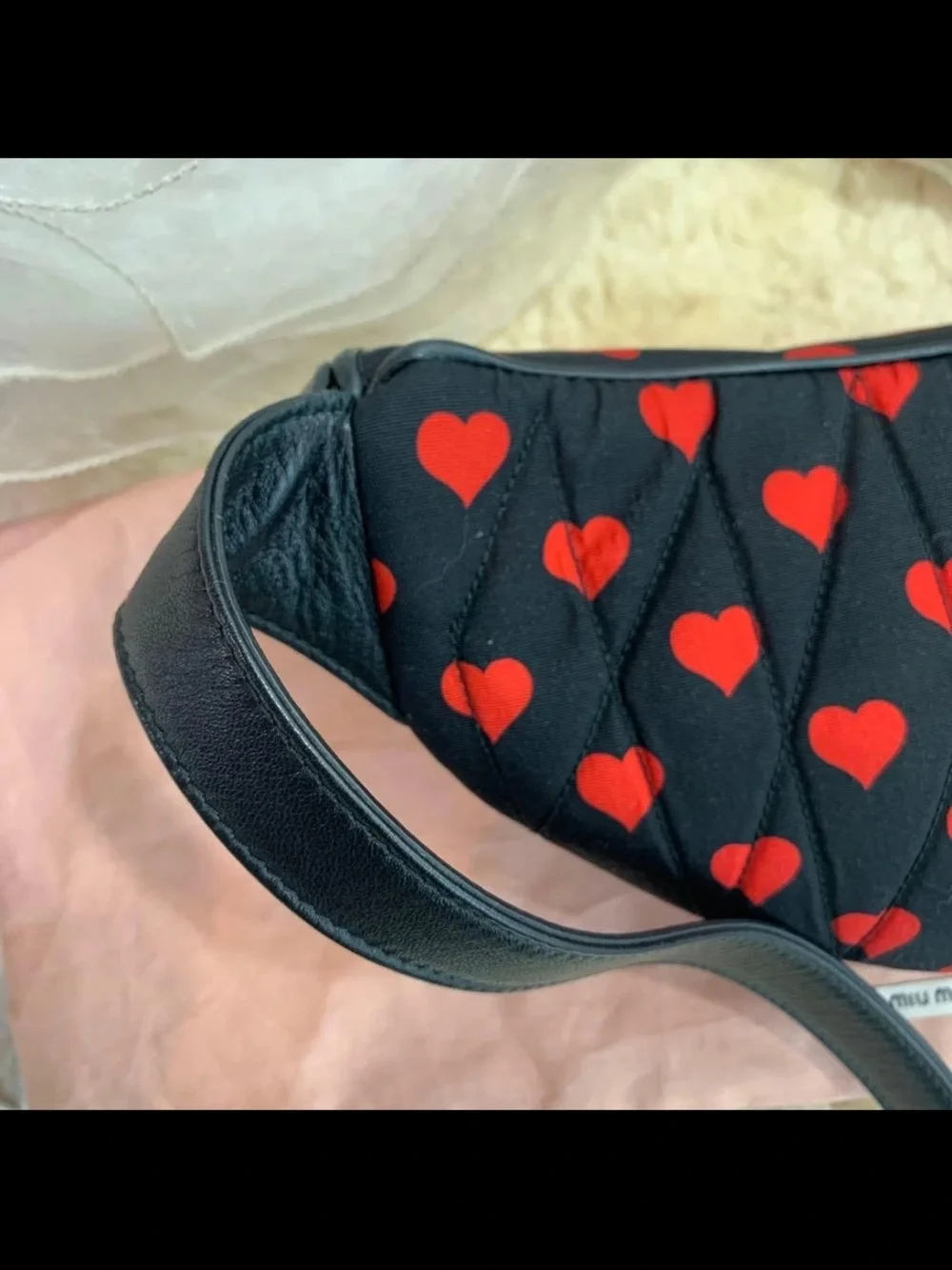 Miu Miu Black Quilted Crossbody with Red Heart Print and Gold Hardware